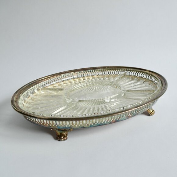 Vintage Silver Plate Large Glass Insert Serving Platter Divided Footed - Picture 1 of 5